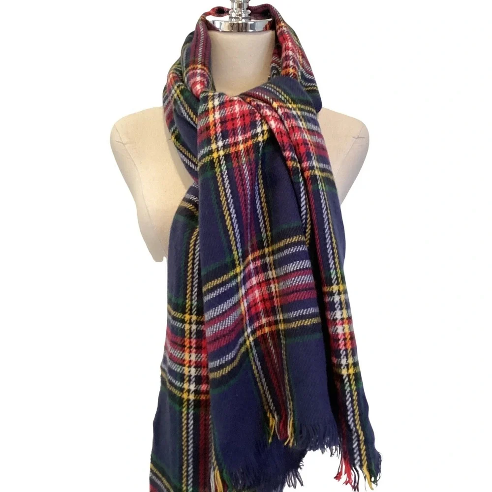Womens Navy Blue Red Plaid Tartan Fringe Blanket Scarf 31